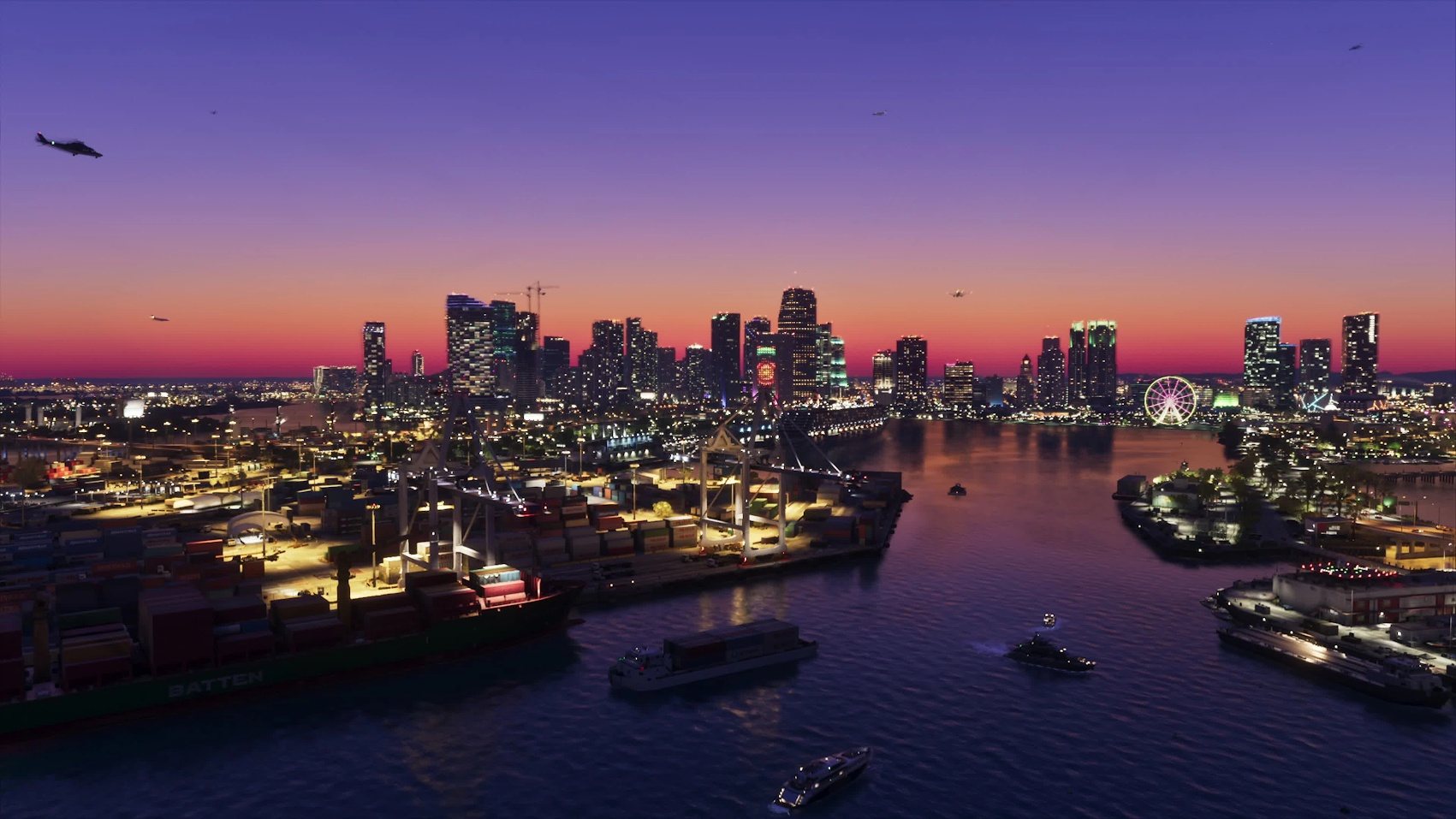Porto de Vice City ao anoitecer